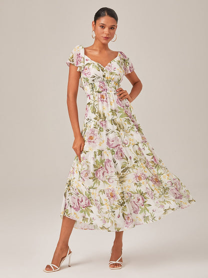 Elegant Floral Print Chiffon Flowy V-Neck Backless Maxi Dress