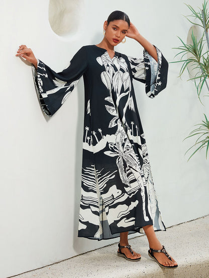 Linen Like Vacation Botanical Print V-Neck Maxi Dress