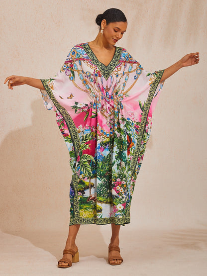 Vacation Floral Chain Print Dolman Sleeve Chiffon Maxi Dress