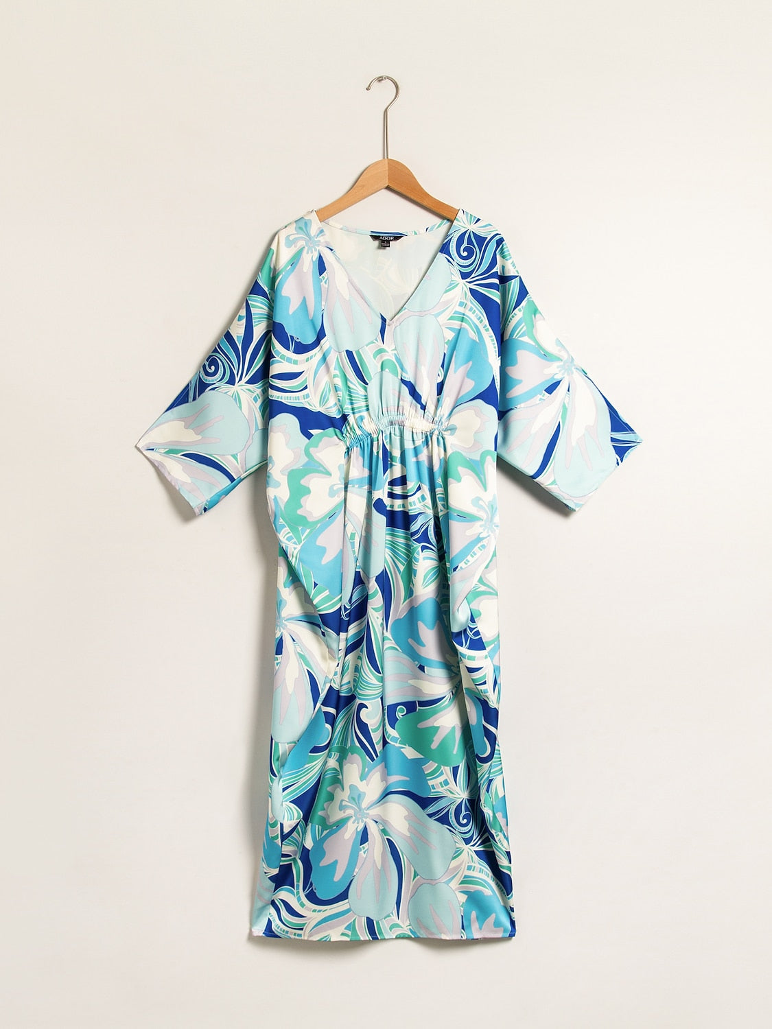Satin Floral Print V-Neck Beach Vacation Midi Dress