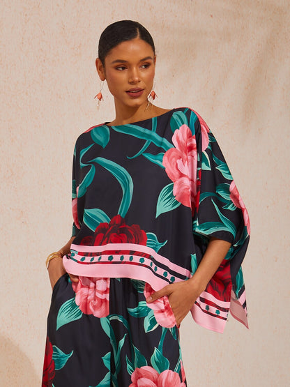 Vacation Contrast Color Artistic Floral Dolman Sleeve Satin Top