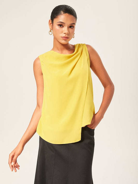Light Yellow Cowl Neck Sleeveless Blouse