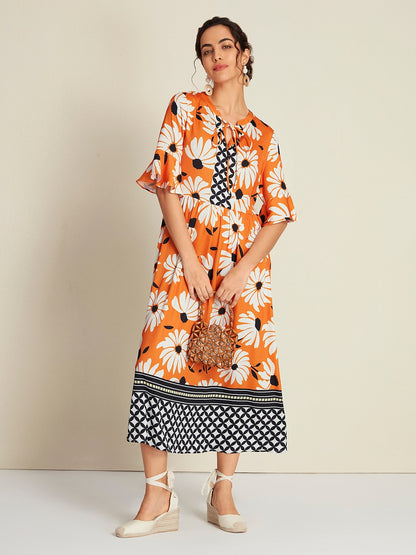 Satin Vacation Geometric Pattern 3/4 Length Sleeves Maxi Dress