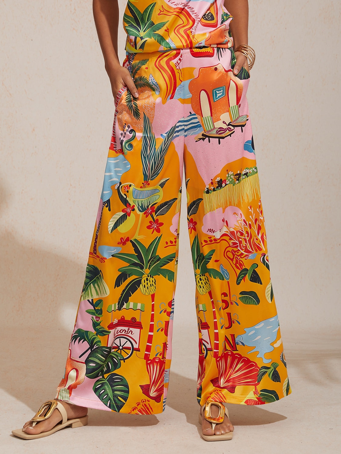 Vacation Beach Floral Print Straight Wide leg Pants