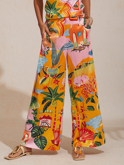 Vacation Beach Floral Print Straight Wide leg Pants