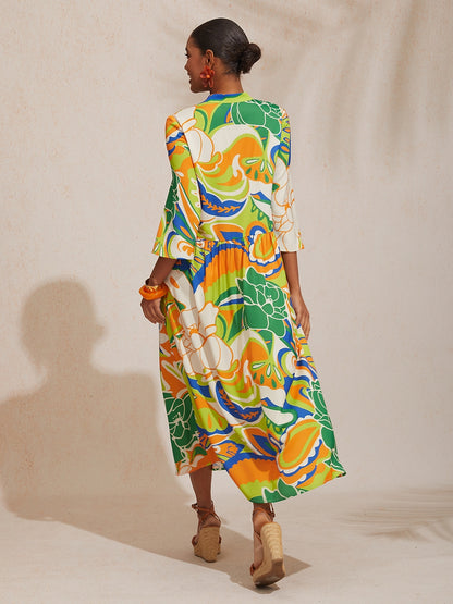 Vacation Color Contrast Floral Print Ruched Satin Maxi Dress