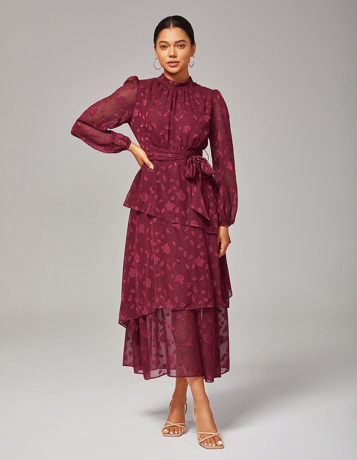 Elegant Floral Print High-Neck Maxi Chiffon Dress