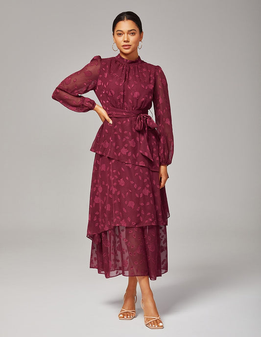 Elegant Floral Print High-Neck Maxi Chiffon Dress