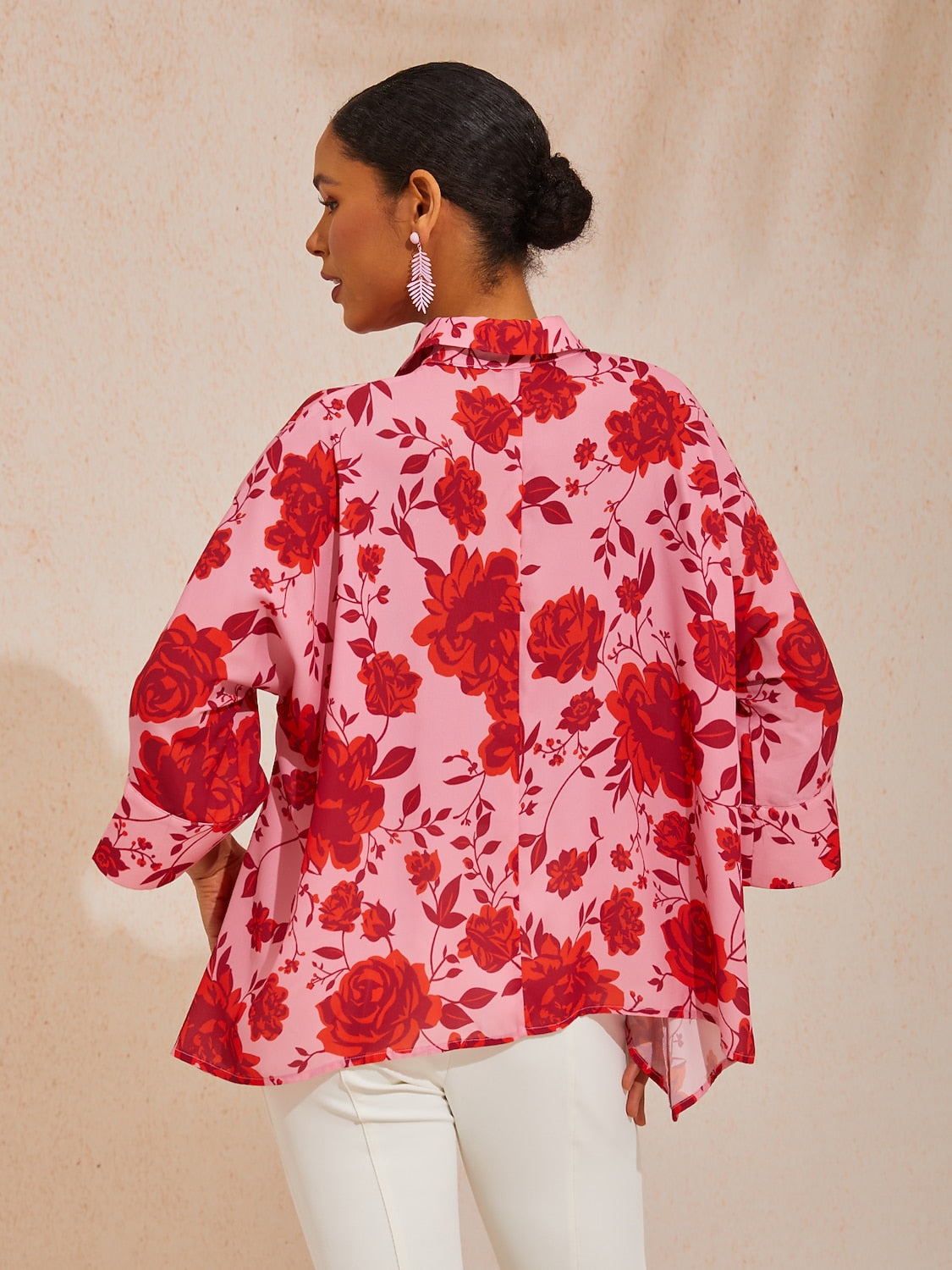 Vacation Floral Print Asymmetrical Dolman Sleeve Chiffon Shirt