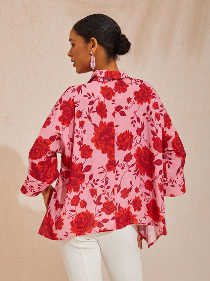 Vacation Floral Print Asymmetrical Dolman Sleeve Chiffon Shirt