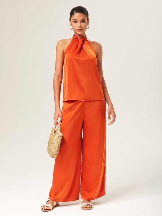 Satin Orange Stand Collar Wide Leg Pants Set