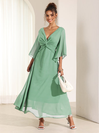 Chiffon Plain Ruffle Twisted Maxi Dress