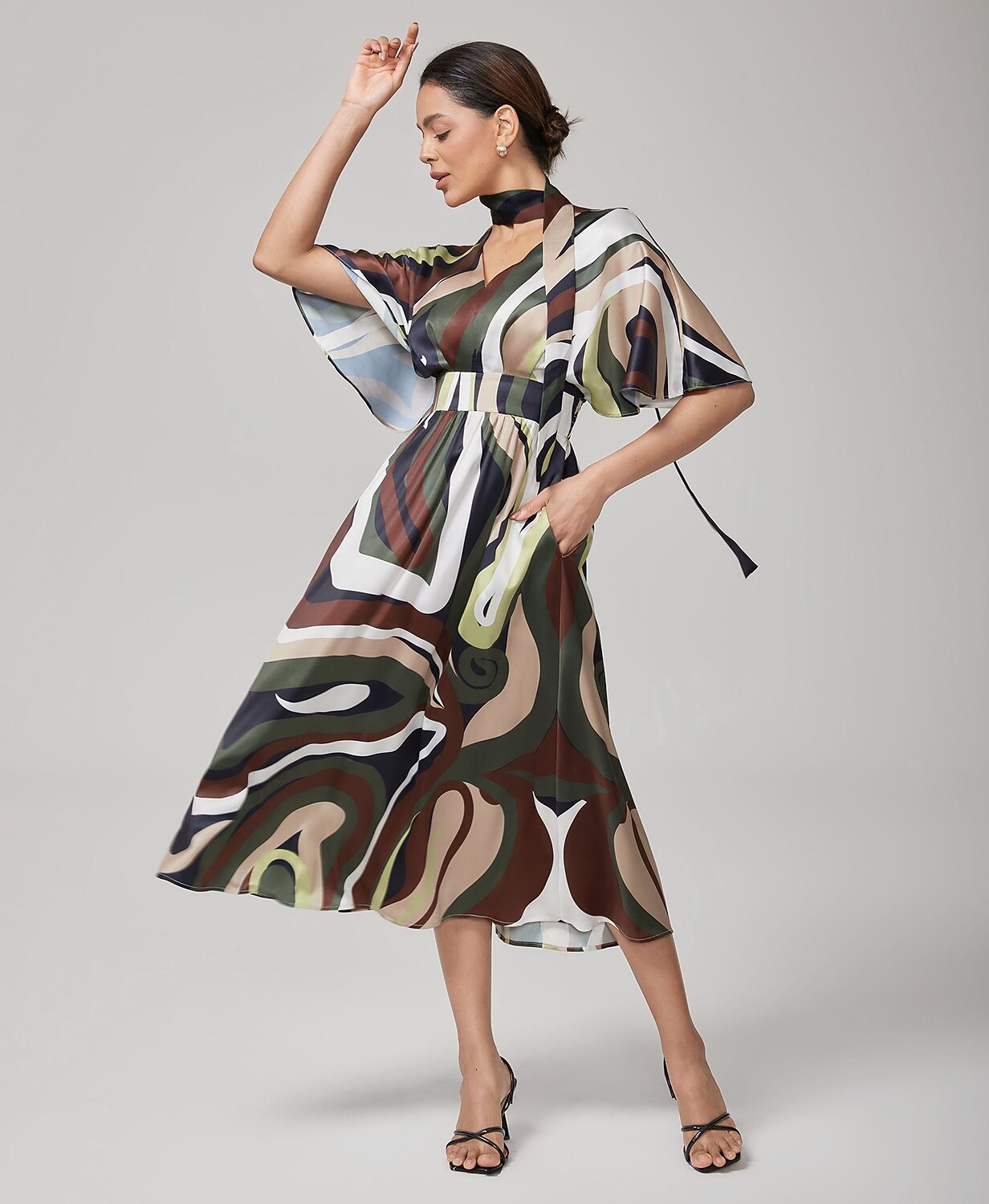 Camouflage Satin V-Neck Cinched Dress