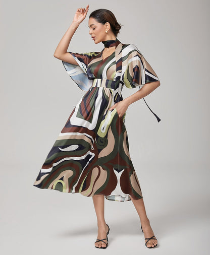 Camouflage Satin V-Neck Cinched Dress