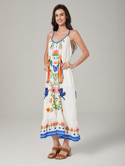 White-Toned Cotton Like Beach Vacation Floral Print Dress