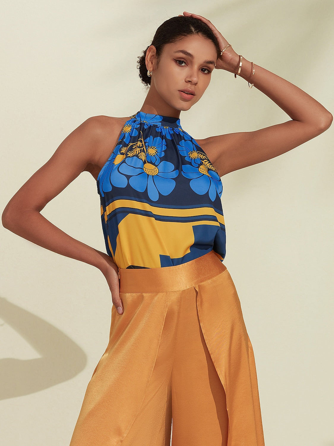 Geometic Flower/Plants Ruched Tie back/Tie front Blouses