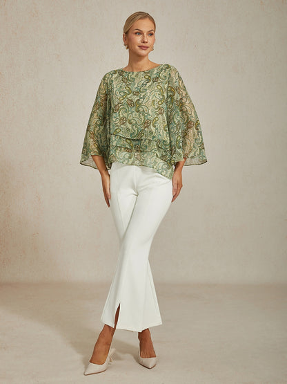 Blouse Green Paisley Floral Loose Fit Round Boat