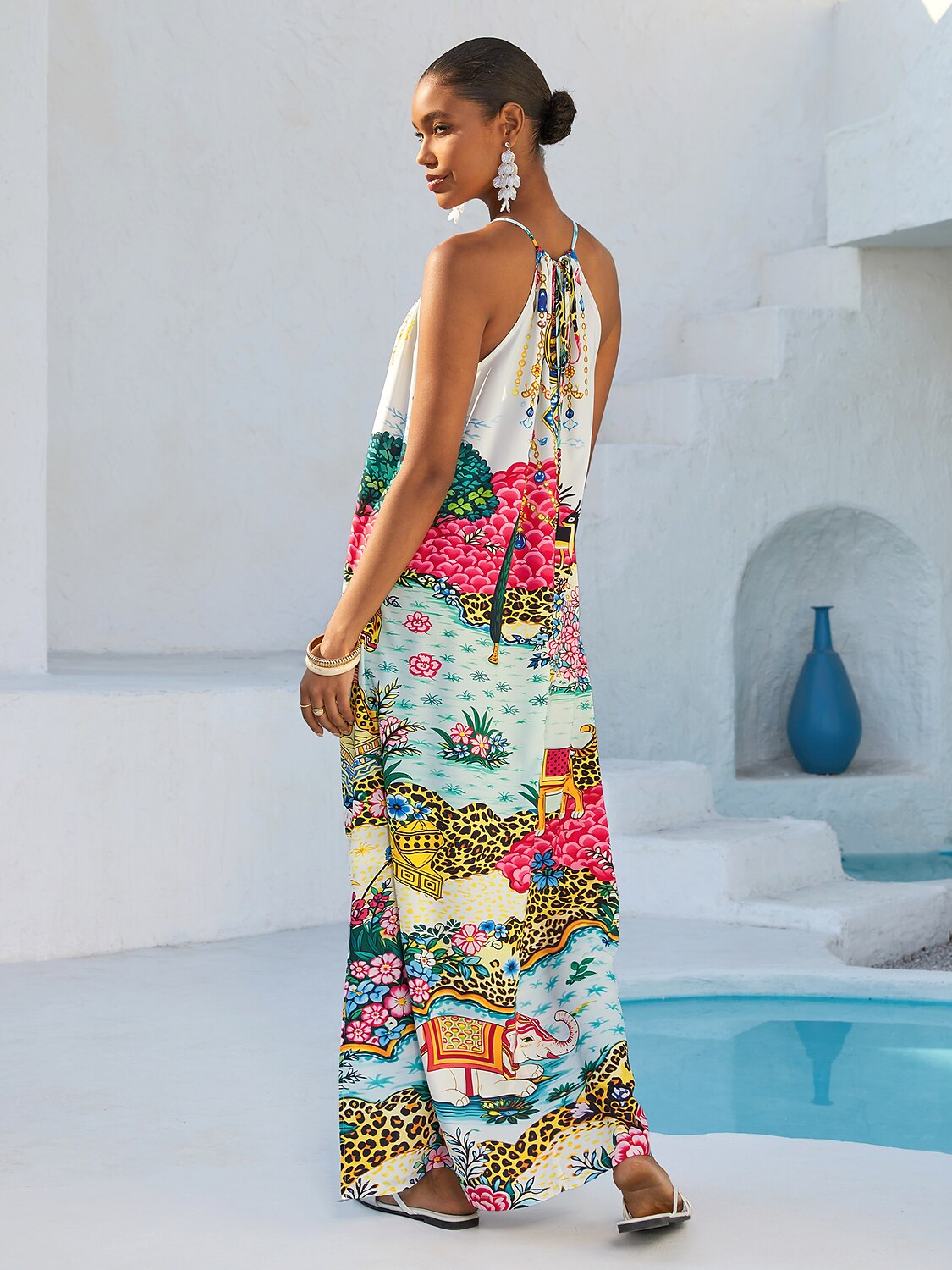 Vacation Vintage Patchwork Motif Sleeveless Drawstring Satin Maxi Dress