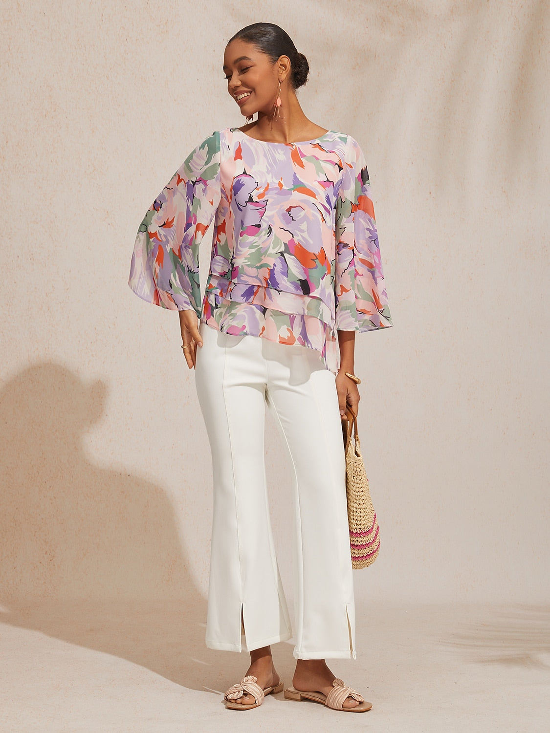 Vacation Abstract Floral Print Layered Design Chiffon Blouse