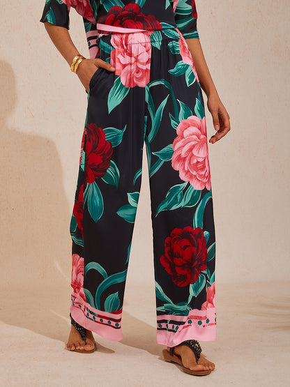 Vacation Contrast Artistic Floral Satin Straight Pants