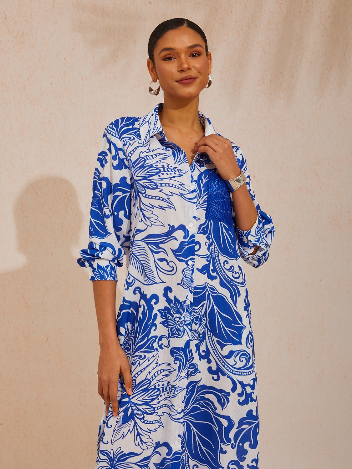 Vacation Blue Floral Straight Linen-Like Shirt Dress