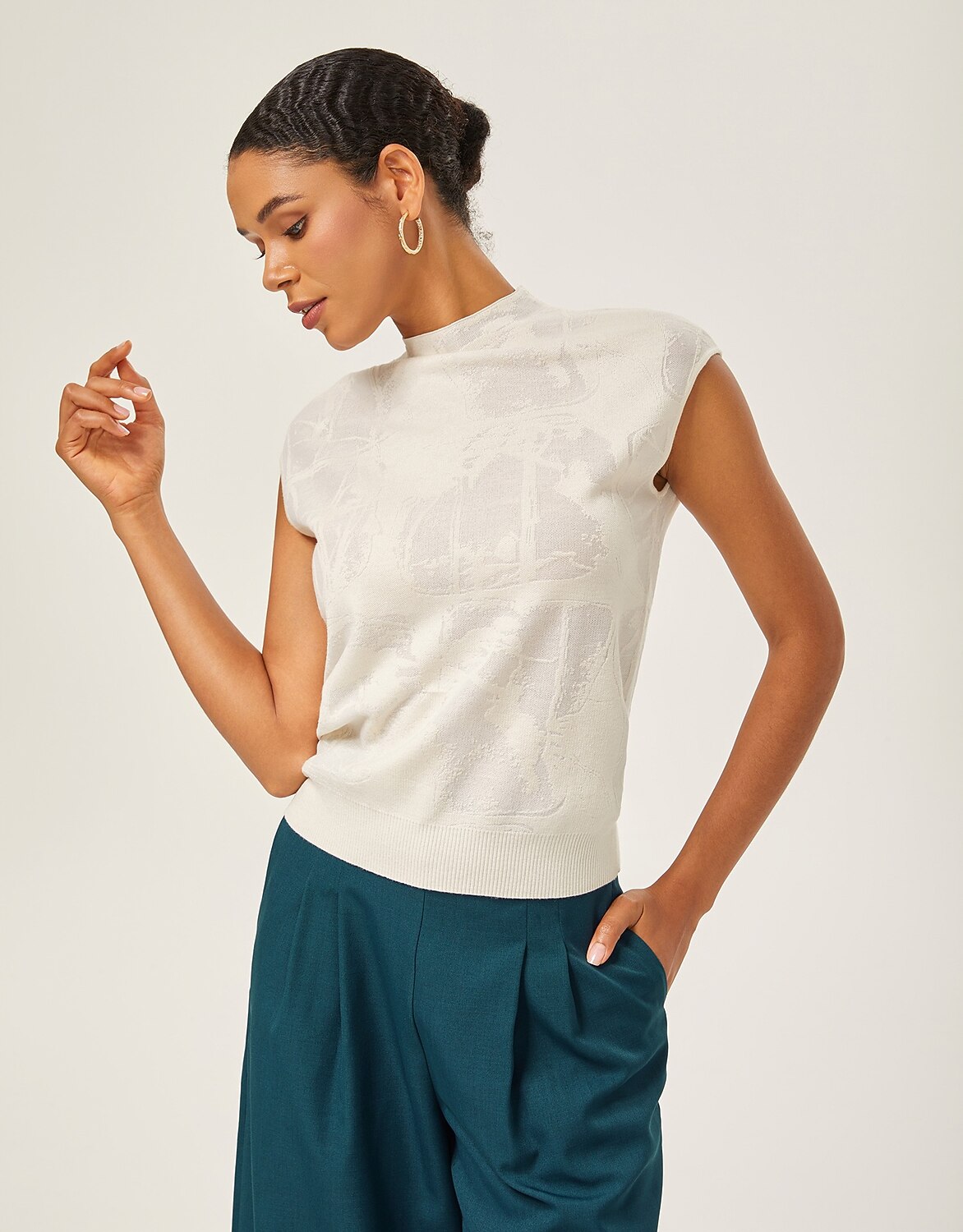 Ivory Wool Jacquard Mock Neck Knit Top