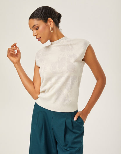 Ivory Wool Jacquard Mock Neck Knit Top