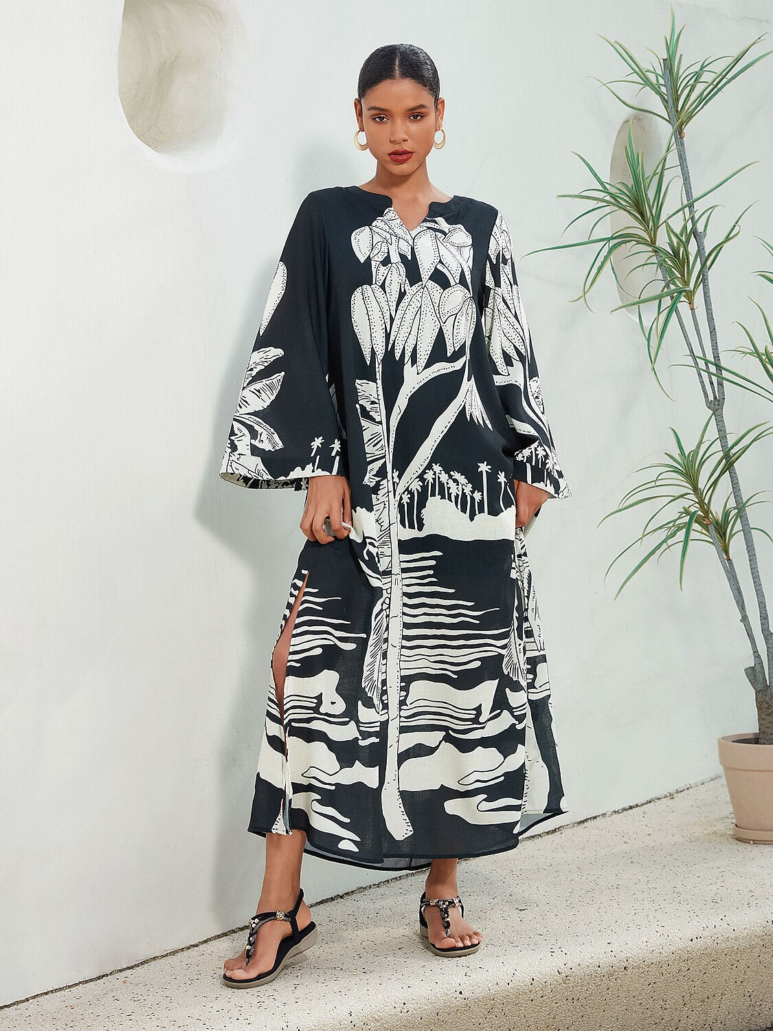 Linen Like Vacation Botanical Print V-Neck Maxi Dress