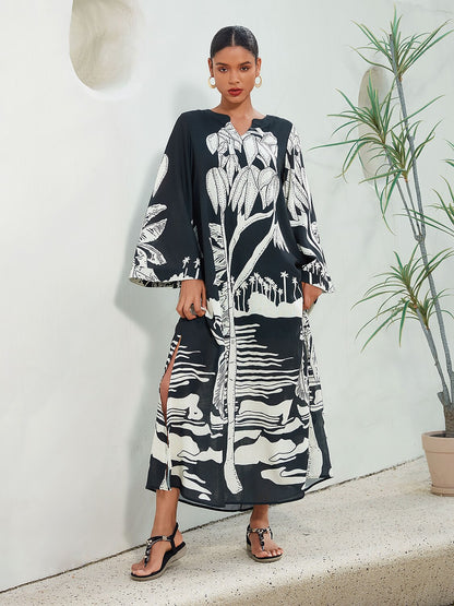 Linen Like Vacation Botanical Print V-Neck Maxi Dress