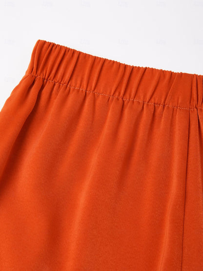 Satin Orange Stand Collar Wide Leg Pants Set