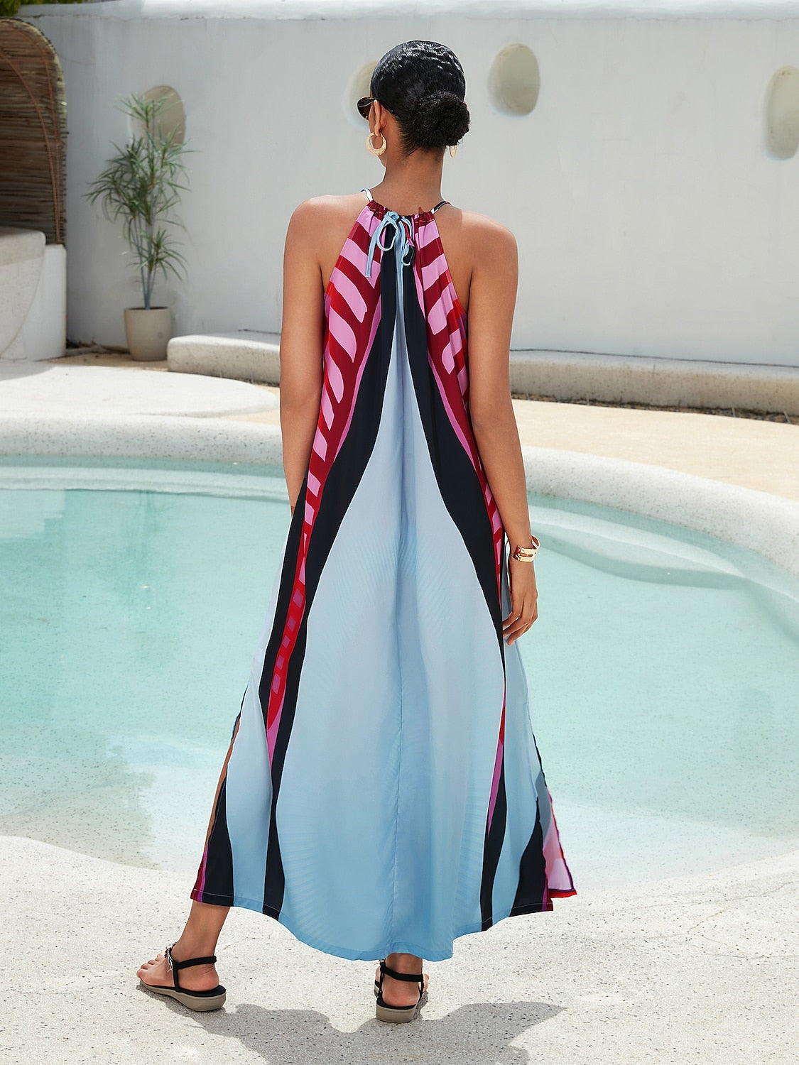 Halter Dress Satin Maxi Dress Rainbow Halter