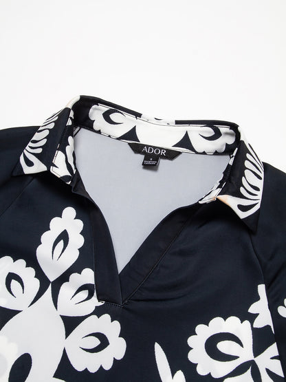 Top Satin Raglan Modern Lapel Black Print