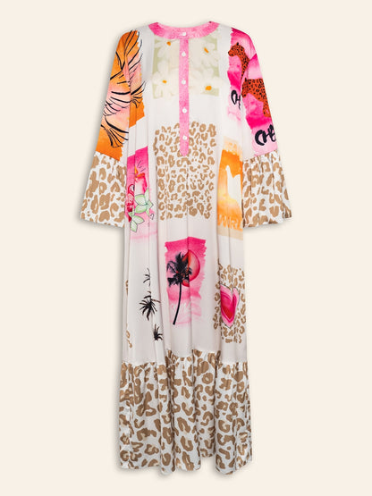 Satin Leopard Print Button Up Maxi Dress