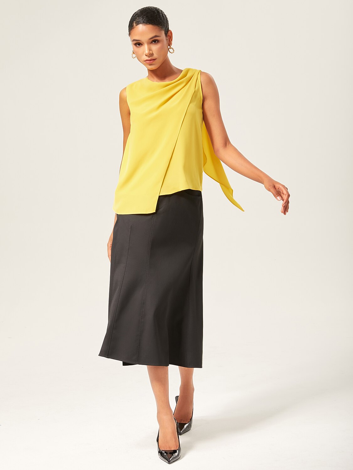 Light Yellow Cowl Neck Sleeveless Blouse