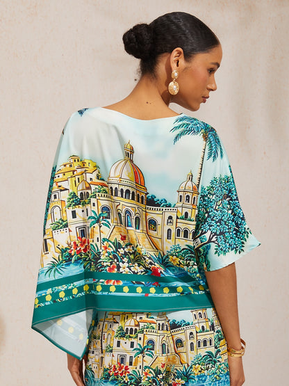 Summer Night Palm Silky Satin Dolman Sleeve Top