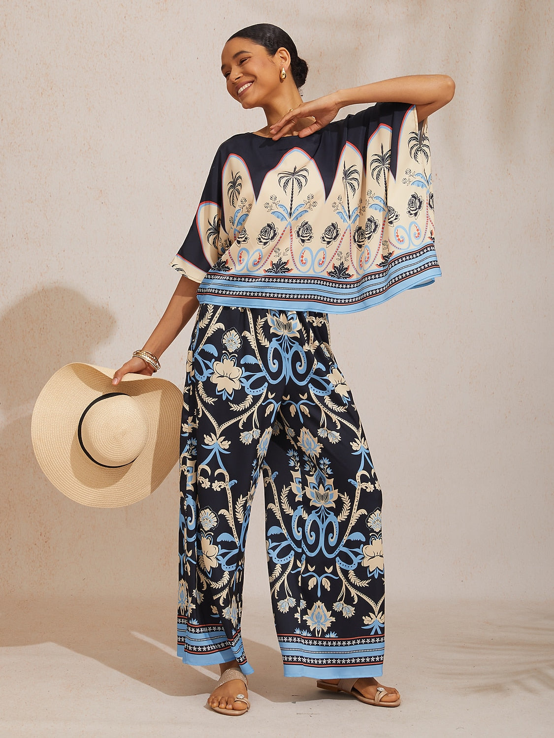 Summer Night Palm Silky Satin Dolman Sleeve Top