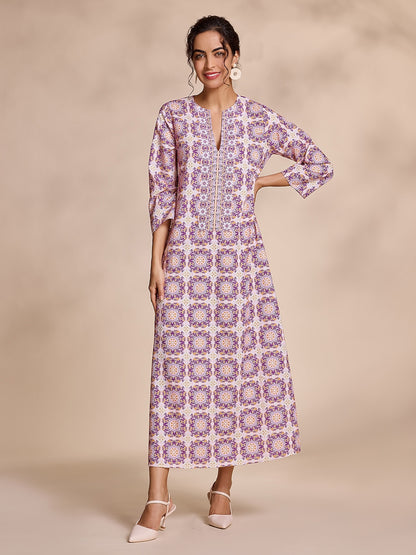 Ethnic Floral Print Notched Collar Vacation Style Maxi Dress