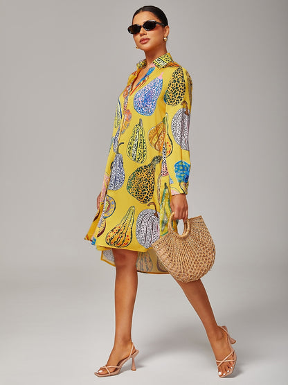Shirt Dress Asymmetrical Hem Split Design Pumpkin Print
