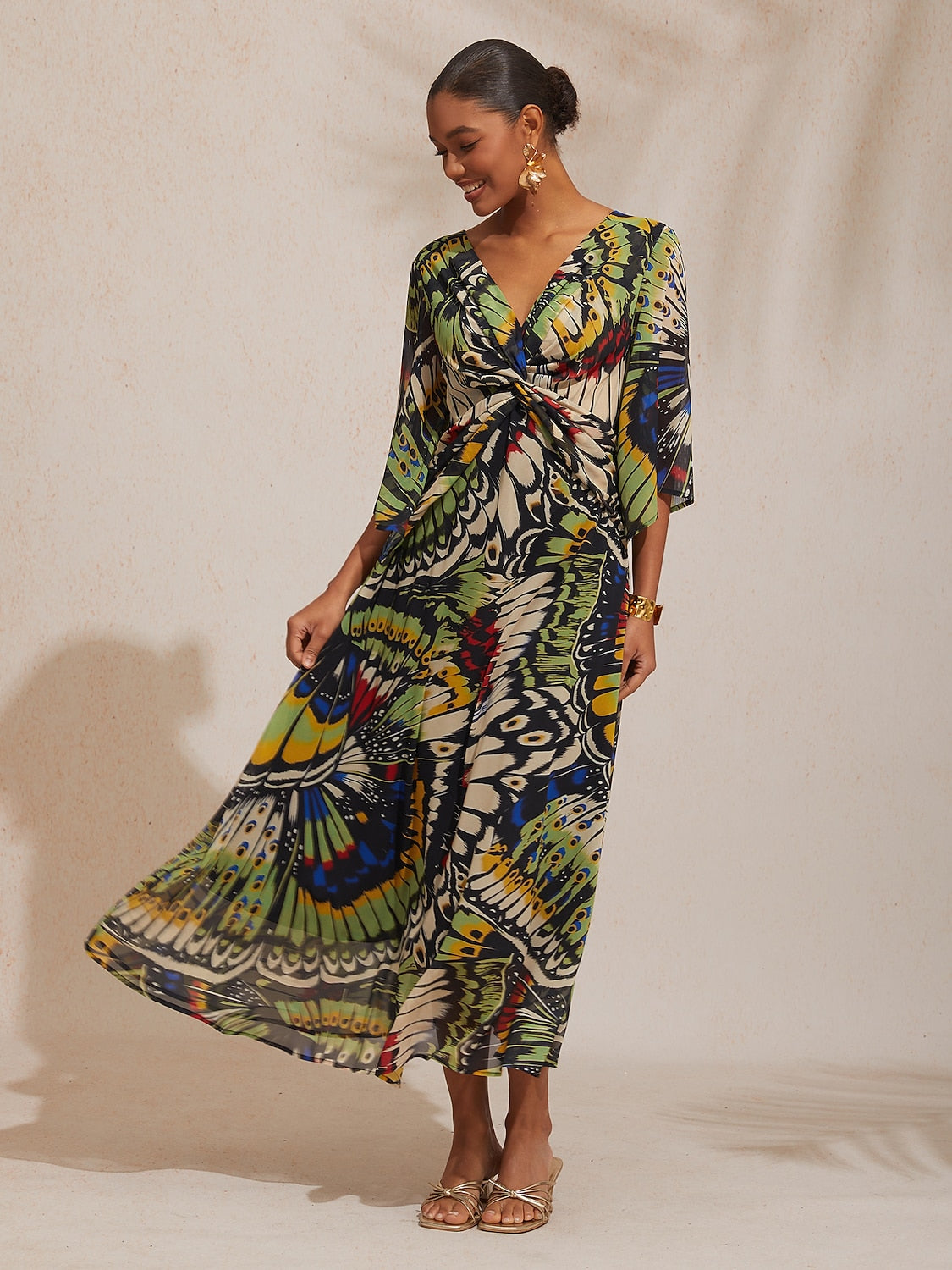 Vacation Butterfly Print Waist Defined Chiffon Maxi Dress
