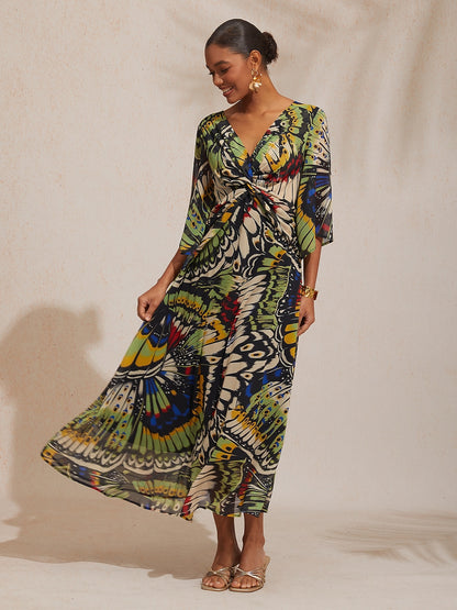 Vacation Butterfly Print Waist Defined Chiffon Maxi Dress