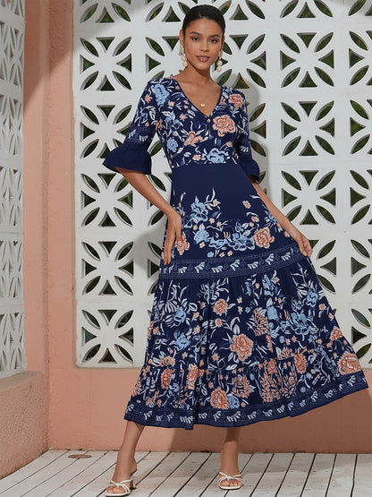 Maxi Dress Satin Floral Printing