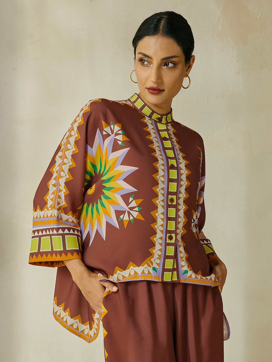 Shirt Brown Bohemian Geometric Graphic Satin Silk