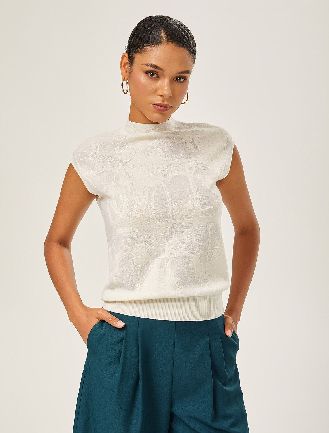 Ivory Wool Jacquard Mock Neck Knit Top