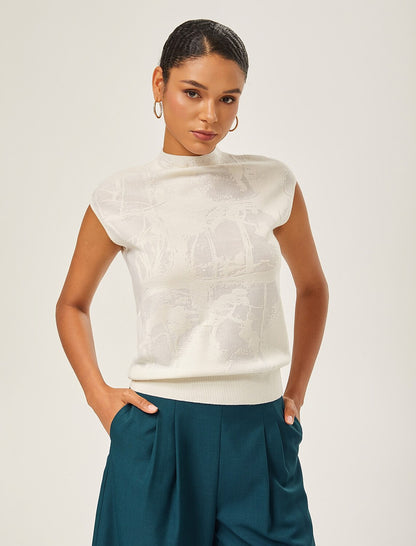 Ivory Wool Jacquard Mock Neck Knit Top