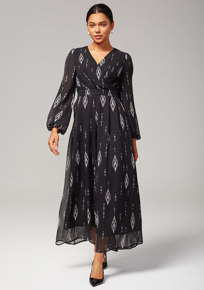 Jumpsuit Black Chiffon Printed Wide Leg Waist Cinching
