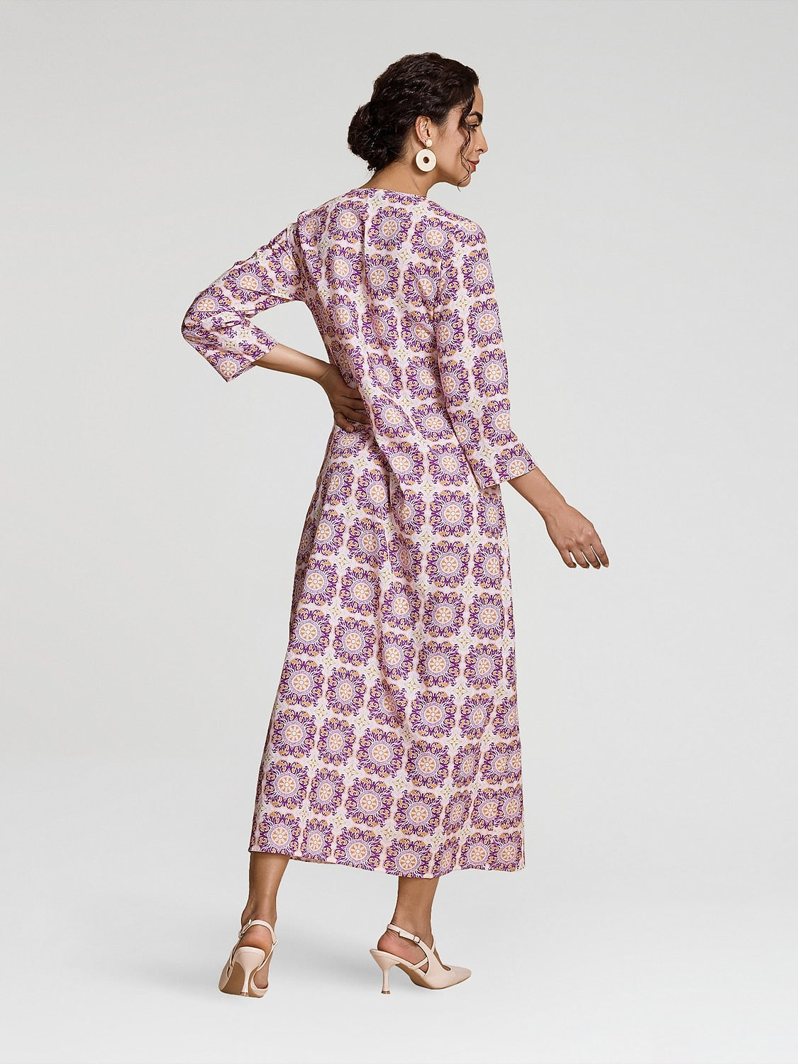 Ethnic Floral Print Notched Collar Vacation Style Maxi Dress