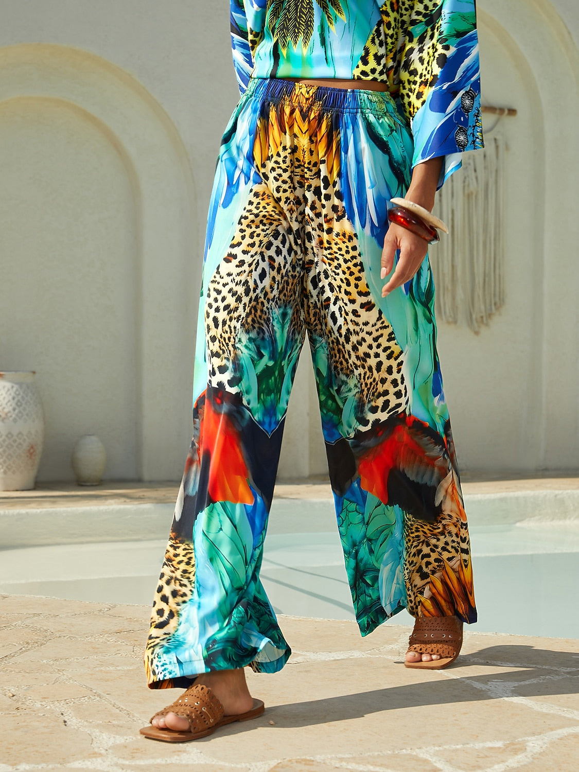 Vacation Leopard Feather Print Straight Fit Satin Long Pants