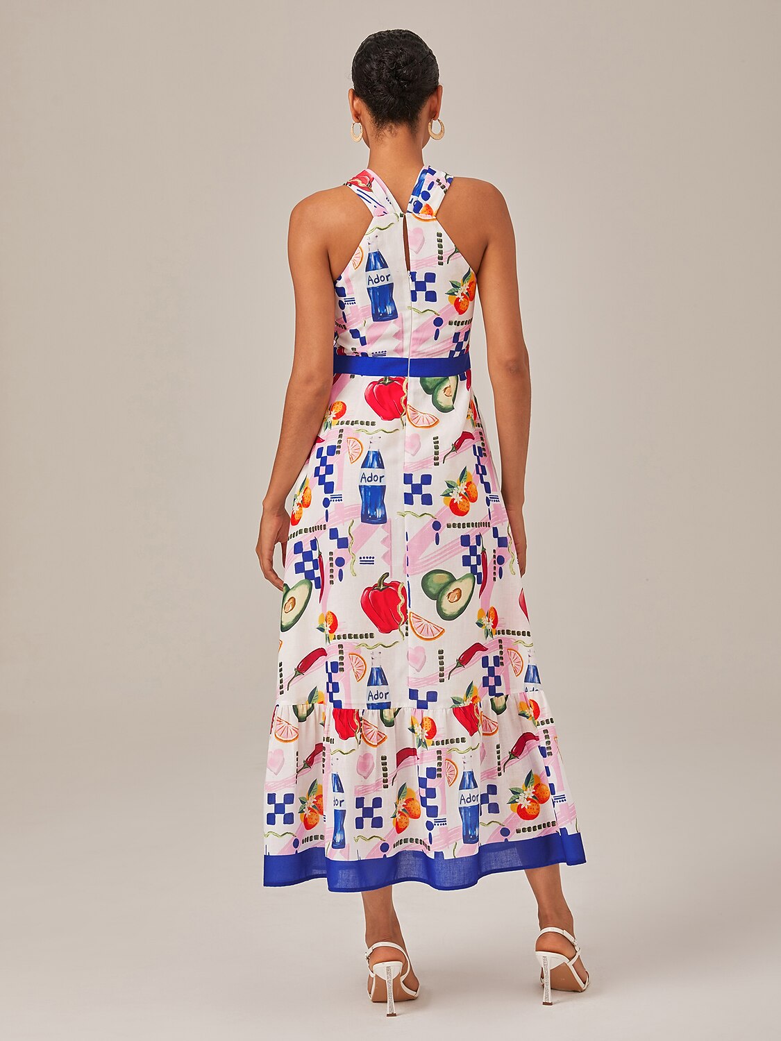 Tropical Fruit-Vegetable Print Halter Neck Long Dress