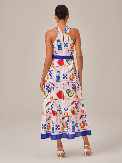 Tropical Fruit-Vegetable Print Halter Neck Long Dress
