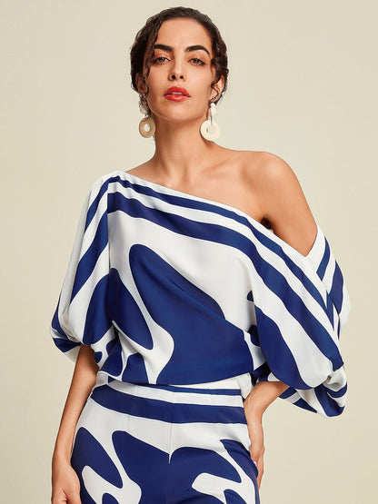 Satin Abstract Puff Sleeve Bateau Blouse